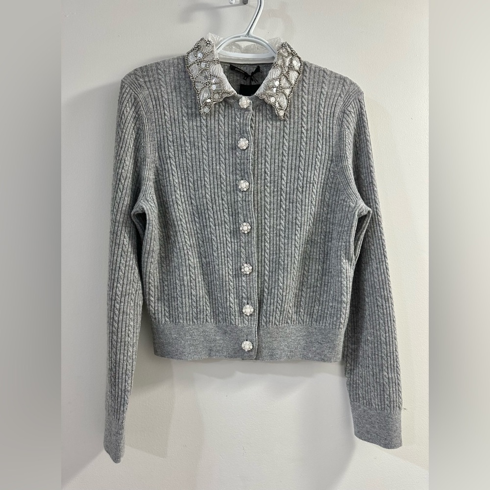 Maje Gray Cardigan with Beaded Collar - Picture 7 of 9